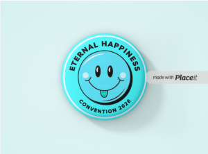 “Eternal Happiness” JW Convention 2026 – 40mm Playful Teal Smiley Button Badge [Min. Order Qty. - 25]