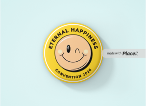 “Eternal Happiness” JW Convention 2026 – 40mm Winking Yellow Smiley Button Badge [Min. Order Qty. - 25]