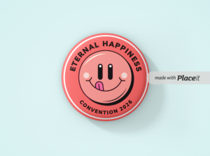 “Eternal Happiness” JW Convention 2026 – 40mm Coral Silly Tongue-Pop Smiley Button Badge [Min. Order Qty. - 25]