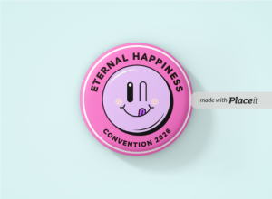 “Eternal Happiness” JW Convention 2026 – 40mm Pink Playful Wink Smiley Button Badge [Min. Order Qty. - 25]