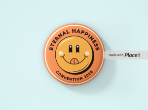 “Eternal Happiness” JW Convention 2026 – 40mm Orange Excited Surprise Smiley Button Badge [Min. Order Qty. - 25]
